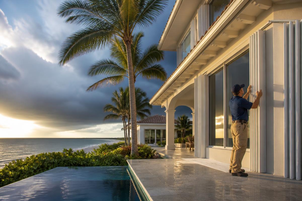 Storm shutters being secured on a luxury Gulf Coast Florida home with palm trees and dark hurricane clouds gathering over the ocean