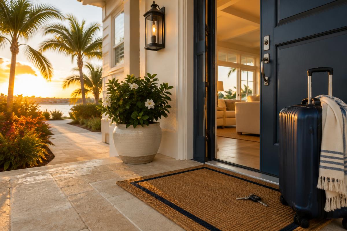 A suitcase and keys by the open front door of a luxury Gulf Coast Florida home at sunset, welcoming a snowbird back for the fall season